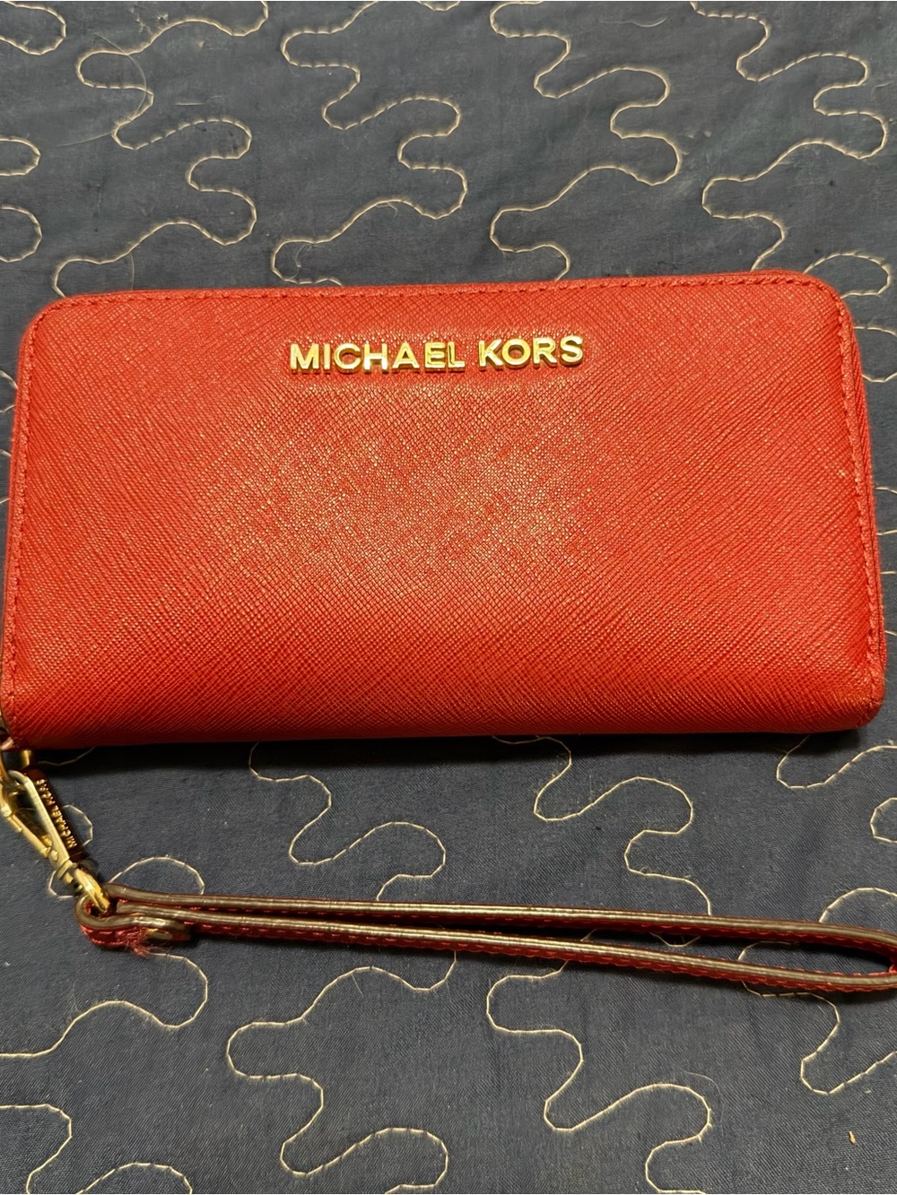 Michael Kors Red Saffiano Zip Wallet with Gold Hardware